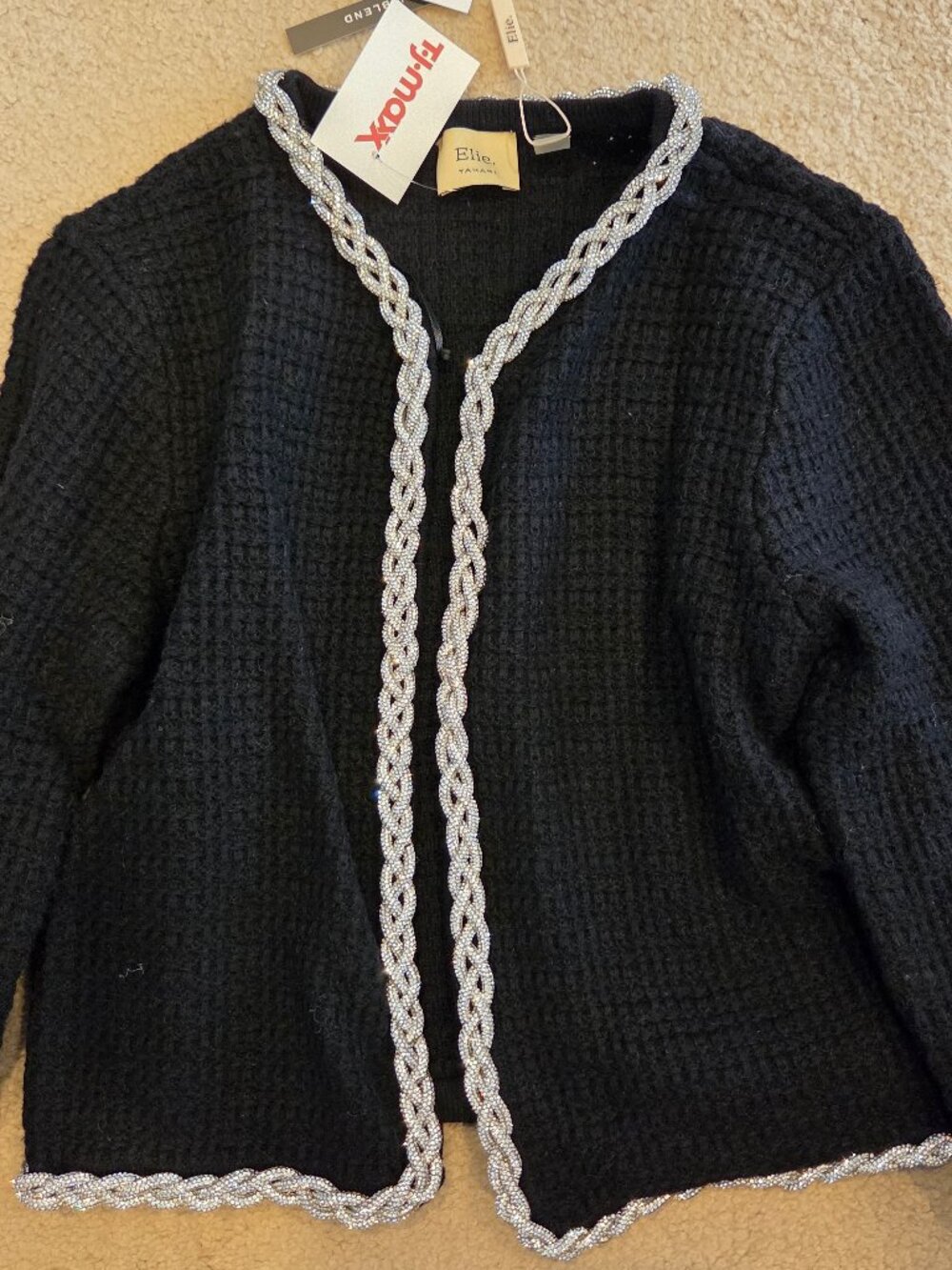 TJ Maxx Elie Tahari NWT Black Cardigan Crystal Rope Embellished Sweater L